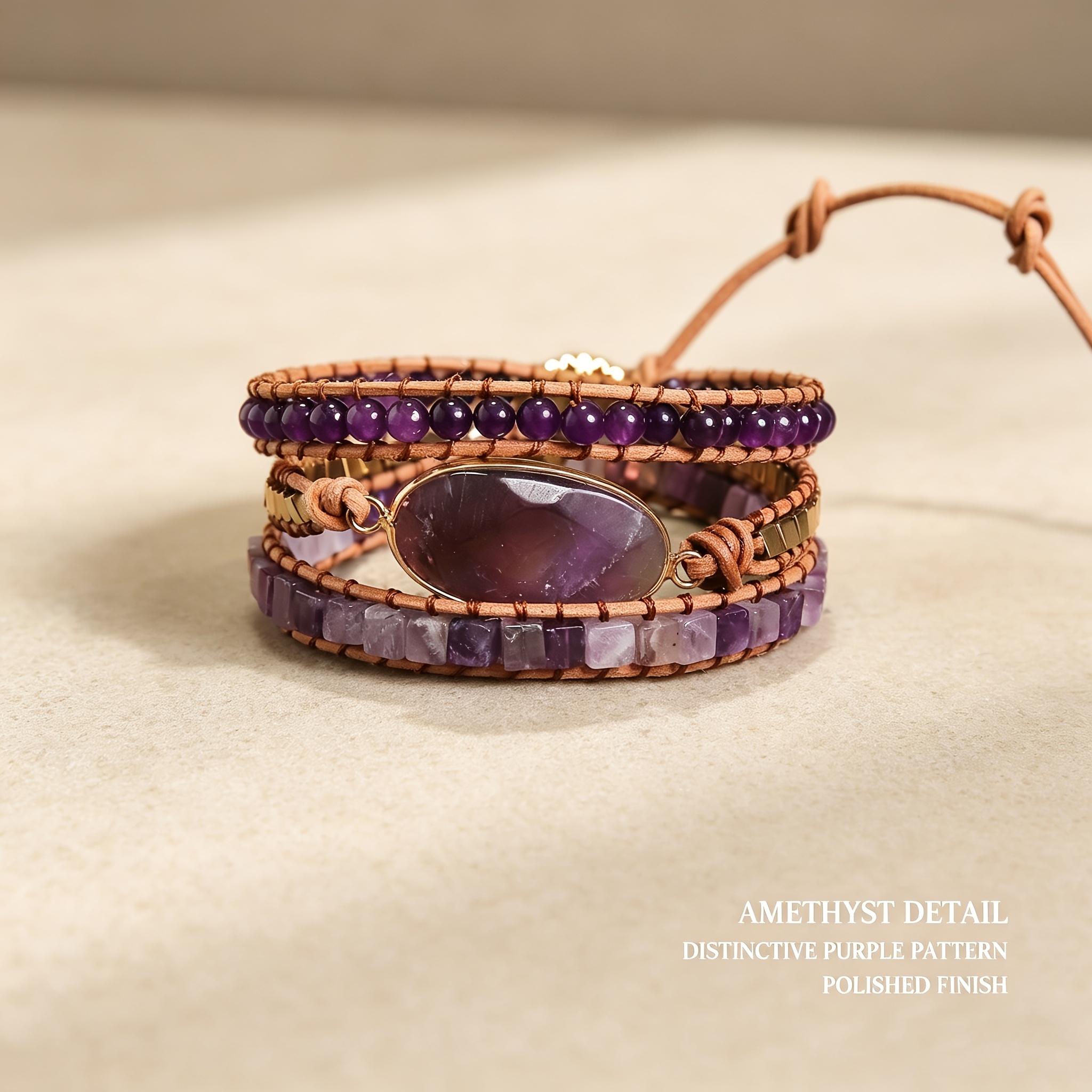 Multi-Layer Amethyst Bead Wrap Bracelet with Oval Pendant